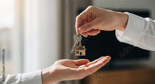 Real estate agent handing over house keys to a new home owner concept