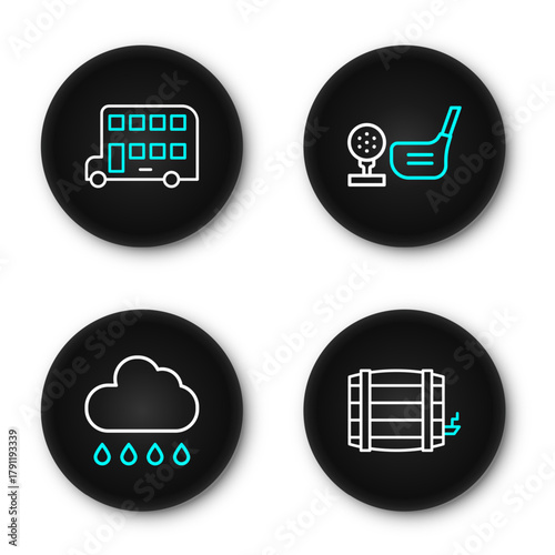 Set line Wooden barrel, Cloud with rain, Golf club ball on tee and Double decker bus icon. Vector