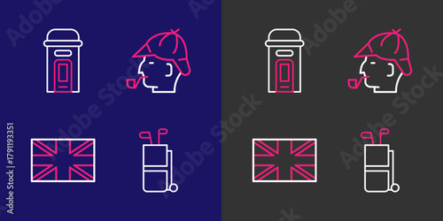Set line Golf bag with clubs, Flag of Great Britain, Sherlock Holmes and London phone booth icon. Vector