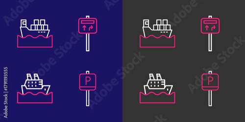 Set line Parking, Cruise ship, Road traffic signpost and Cargo with boxes icon. Vector
