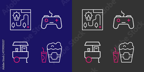 Set line Popcorn in box and glass, Fast street food cart, Gamepad and Amusement park map icon. Vector