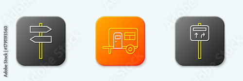 Set line Road traffic signpost, Rv Camping trailer and icon. Vector