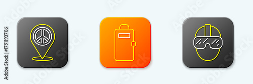 Set line Location peace, Police assault shield and Special forces soldier icon. Vector