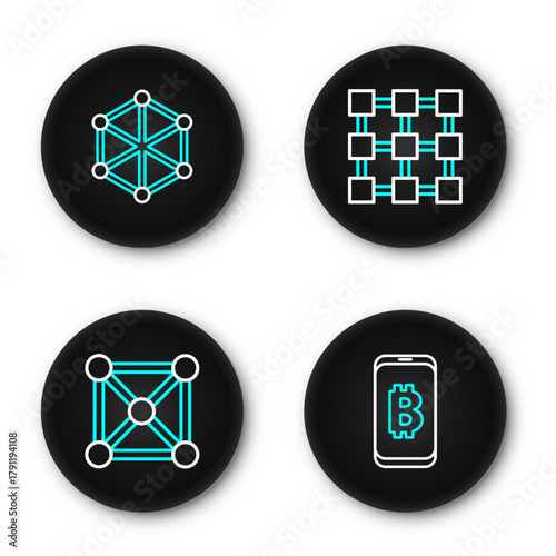Set line Mining bitcoin from mobile, Blockchain technology, and icon. Vector