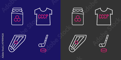 Set line Ice hockey stick and puck, Kankles, USSR t-shirt and Jar of honey icon. Vector