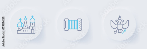 Set line National emblem of Russia, Accordion and Saint Basil's Cathedral icon. Vector