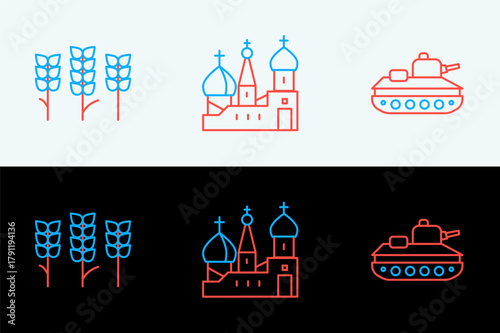 Set line Military tank, Wheat and Saint Basil's Cathedral icon. Vector