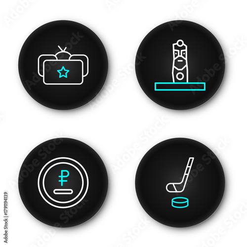 Set line Ice hockey stick and puck, Rouble, ruble currency, Slavic pagan idol and Ushanka icon. Vector