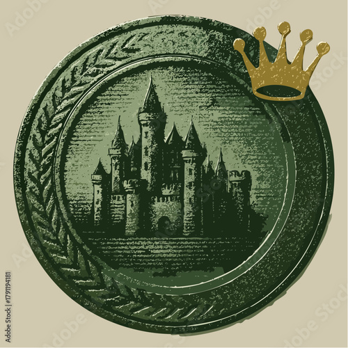 crowned medallion castle: verdant heraldic coin, tilted crown regalia, vintage fantasy emblem seal