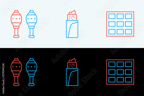 Set line Chocolate bar, Maracas and Burrito icon. Vector