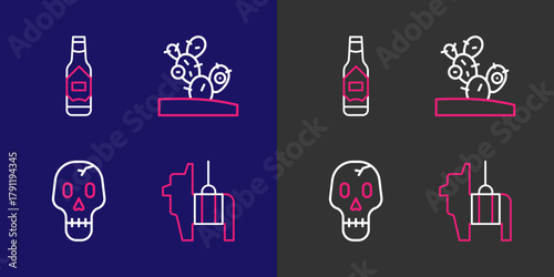 Set line Pinata, Skull, Cactus and Tabasco sauce icon. Vector