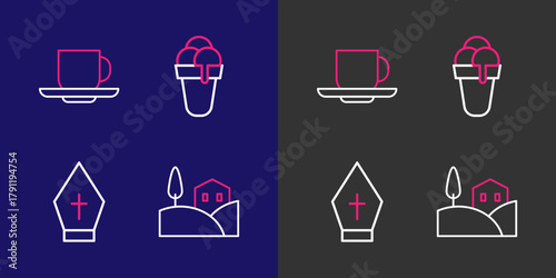 Set line Village landscape, Pope hat, Ice cream and Coffee cup icon. Vector