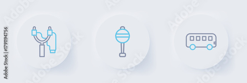 Set line Bus toy, Rattle baby and Slingshot icon. Vector