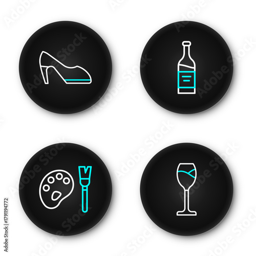 Set line Wine glass, Paint brush with palette, Bottle of wine and Woman shoe icon. Vector