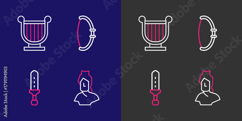 Set line Ancient bust sculpture, Medieval sword, bow and lyre icon. Vector