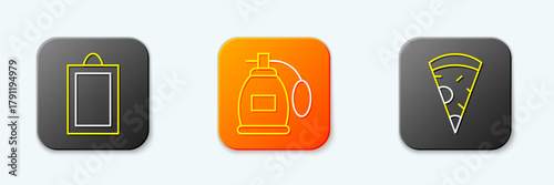 Set line Picture, Perfume and Slice of pizza icon. Vector
