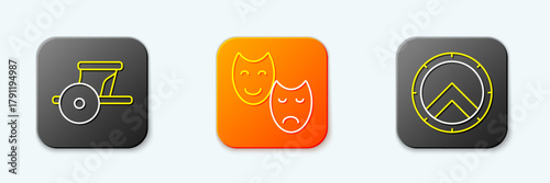 Set line Ancient chariot, Comedy and tragedy masks and Greek shield icon. Vector