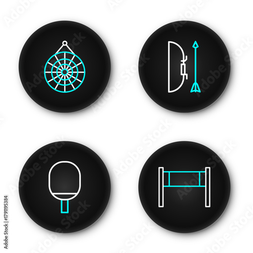 Set line Volleyball net, Racket for playing table tennis, Bow and arrow quiver and Classic dart board icon. Vector