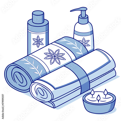 Spa essentials including rolled towels and skincare products in blue  
