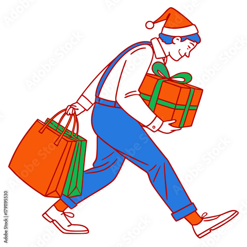 Young man carrying Christmas gifts and shopping bags in festive attire  