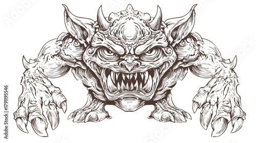 Detailed Fierce Goblin Monster Vector Illustration on White Background