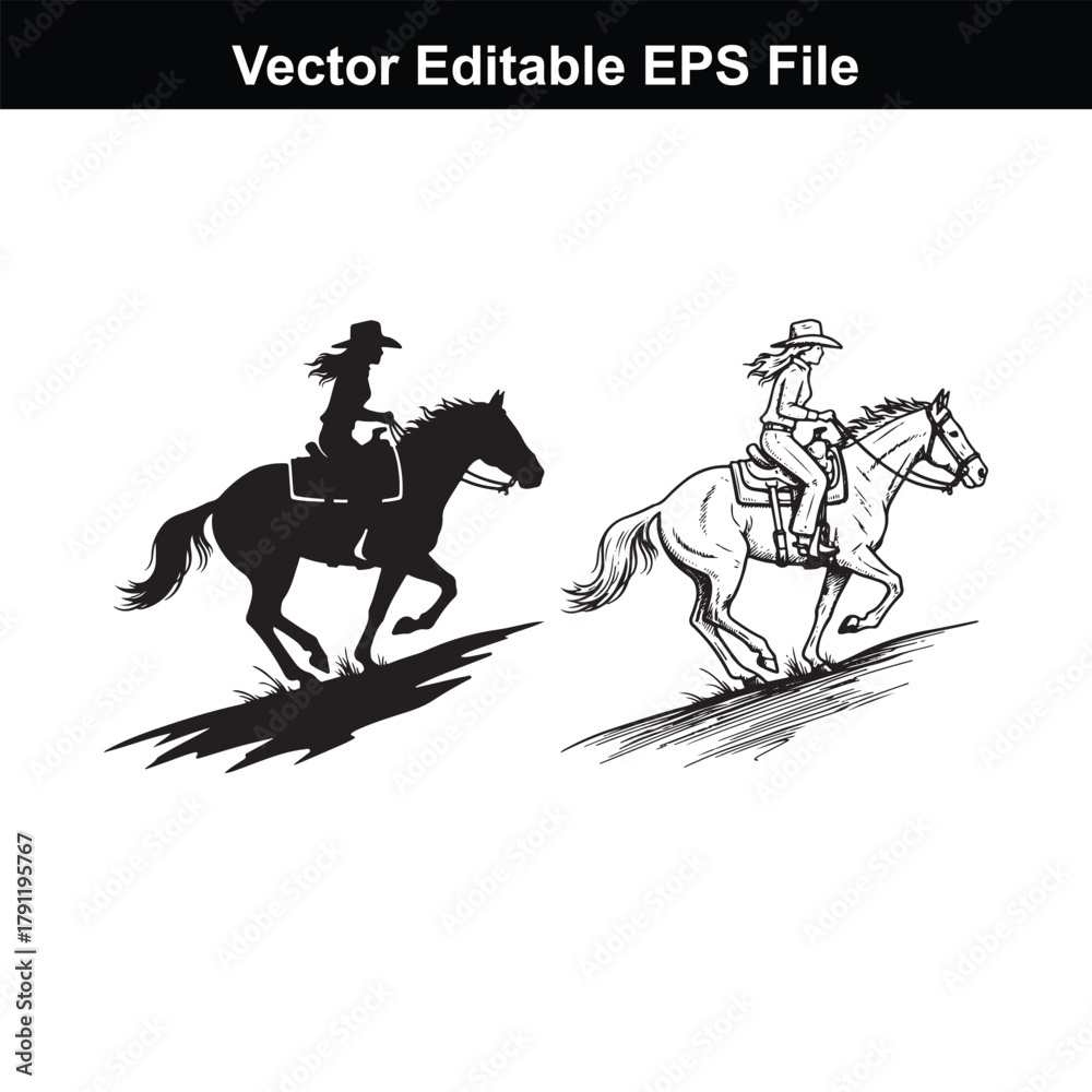 Fototapeta premium Two horses with riders, one in silhouette and one in line art, galloping across a