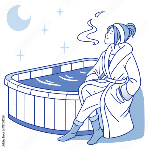 Woman relaxing in bathrobe by hot tub under night sky  