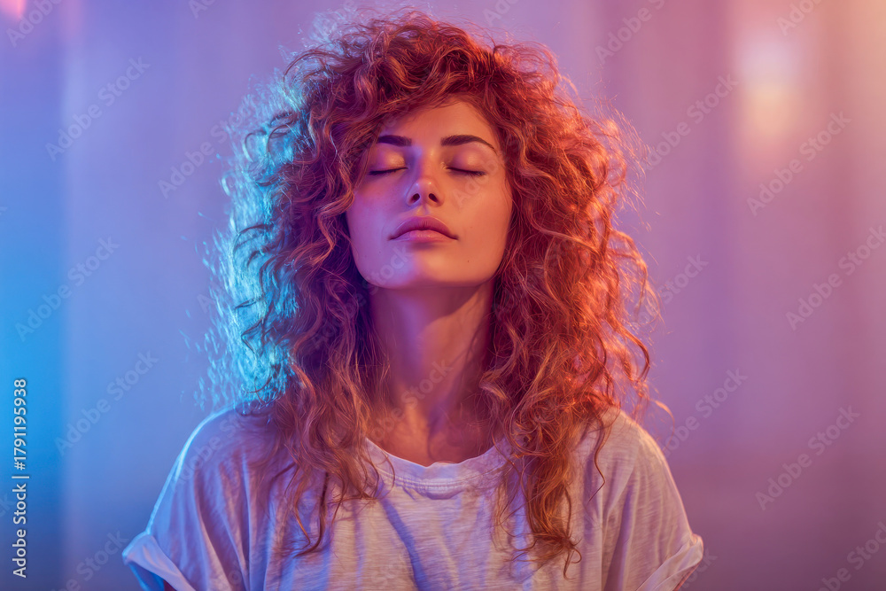 Fototapeta premium Woman with curly hair meditates in colorful lighting during a serene evening, embracing calmness and tranquility in her own space