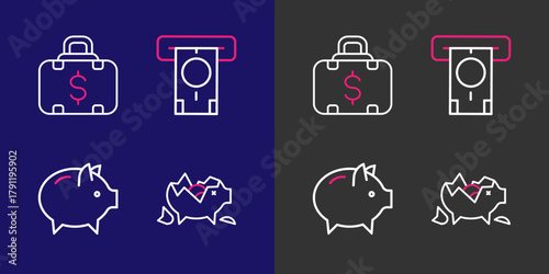 Set line Broken piggy bank, Piggy, ATM and money and Briefcase icon. Vector