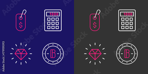 Set line Bitcoin, Diamond, Calculator and Price tag with dollar icon. Vector