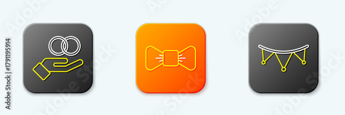 Set line Wedding rings, Bow tie and Carnival garland with flags icon. Vector