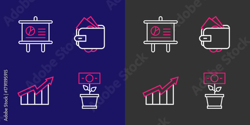 Set line Money plant in the pot, Financial growth increase, Wallet with money and Chalkboard diagram icon. Vector