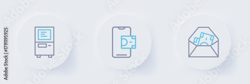 Set line Envelope with dollar symbol, Mobile banking and ATM icon. Vector
