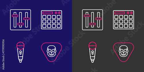 Set line Guitar pick, Microphone, Drum machine and Sound mixer controller icon. Vector