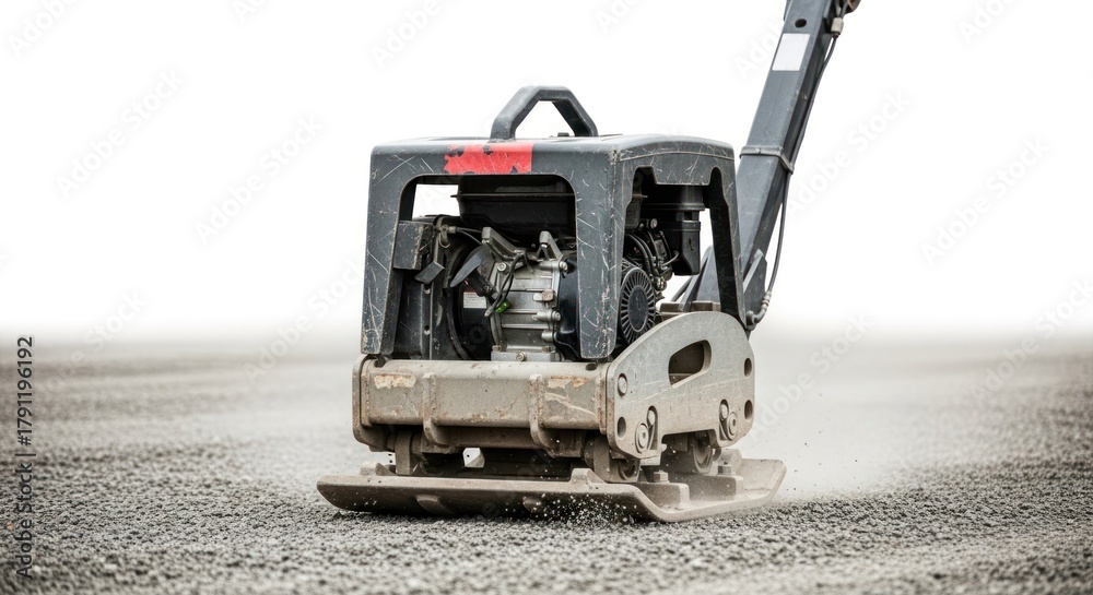 Fototapeta premium Heavy-duty vibratory plate compactor compacting gravel on a construction site, white background