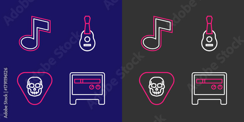 Set line Guitar amplifier, pick, and Music note, tone icon. Vector