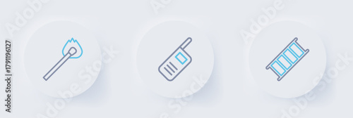 Set line Fire escape, Walkie talkie and Burning match with fire icon. Vector