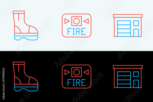 Set line Building of fire station, Fire boots and alarm system icon. Vector