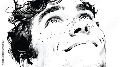 Joyful Freckled Man Gazing Upward in Positive Expressions