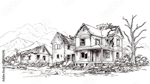 Devastated Houses Confronting Fire & Natural Calamities, Vector Illustration