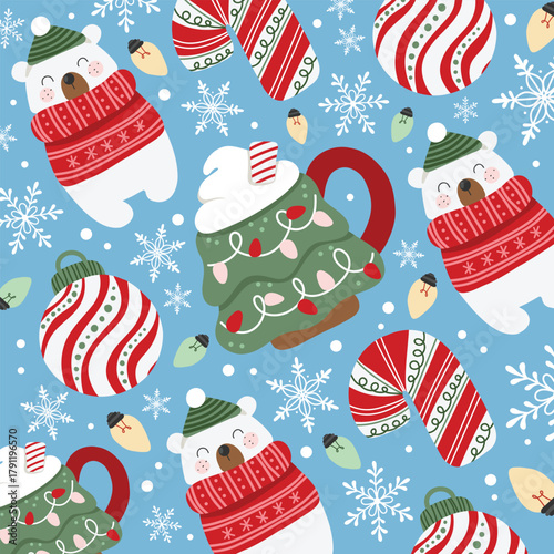 Seamless festive pattern with cute polar bears in sweaters, Christmas mugs, candy canes, baubles, and snowflakes. Ideal for wrapping paper, kids’ products, and holiday designs