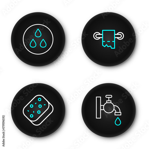 Set line Water tap, Sponge, Toilet paper roll and drop icon. Vector
