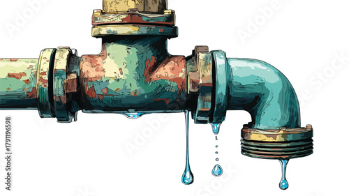 Leaking Water Pipe and Damaged Dripping Fitting Vector Illustration