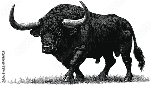 Majestic Black Bull with Enormous Horns Vector Illustration