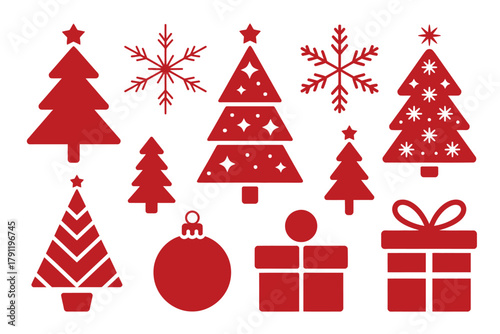 A collection of red Christmas tree and snowflake icons with a gift box and ornament.