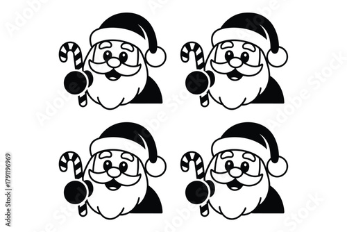 Four cartoon images of Santa Claus holding a candy cane against a white background.