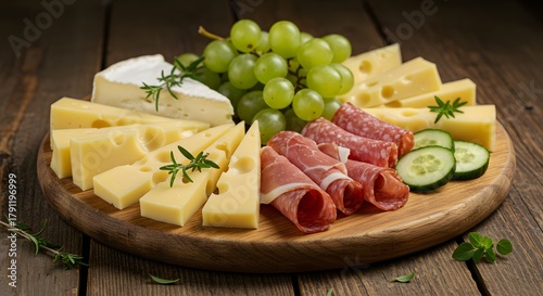 Delicious gourmet platter with assorted cheeses meats and grapes for party appetizer on wooden board