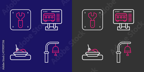 Set line Train station bell, Plate with food, Ticket office to buy tickets and Repair railway icon. Vector