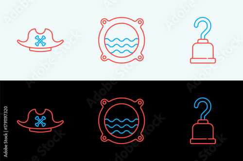 Set line Pirate hook, hat and Ship porthole with seascape icon. Vector