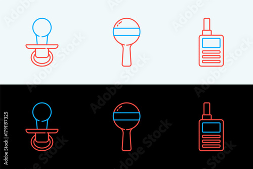 Set line Baby Monitor Walkie Talkie, dummy pacifier and Rattle baby toy icon. Vector